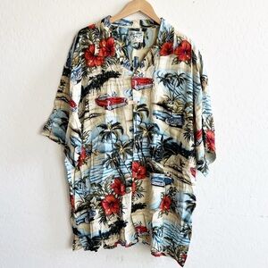 VINTAGE BIG DOGS CAR DOG FLORAL PALM TREE HUT HAWAIIAN SHIRT